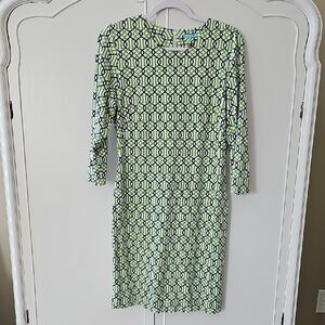 J. McLaughlin Lime and Navy Geometric Long Sleeve Dress